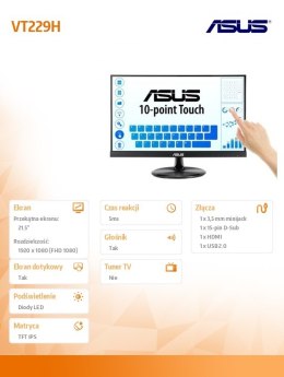 Asus Monitor 21.5 cala VT229H FHD IPS Dotyk 10P HDMI D-SUB USB Głośnik