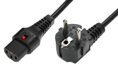 Kabel połączeniowy zasilający z blokadą IEC LOCK Schuko kątowy/C13 prosty M/Ż 1m czarny