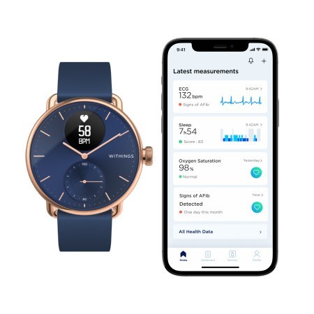 Withings Scanwatch - zegarek z funkcją EKG, pomiarem pulsu i SPO2 oraz mierzeniem aktywności fizycznej i snu (38mm, rose gold bl