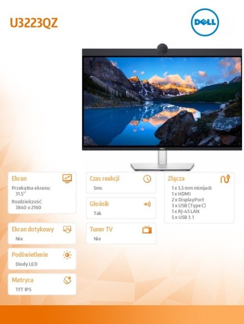 Dell Monitor U3223QZ 31,5 cali IPS LED 4K 3840x2160/16:9/HDMI/2xDP/3xUSB-C/5xUSB/KVM/Kamera/Głośniki/Mikrofon/3Y AES&PPG