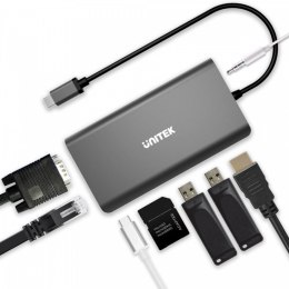 Unitek HUB 8-w-1 USB-C 3.1; HDMI; VGA; RJ45; SD; PD 100W; D1019B