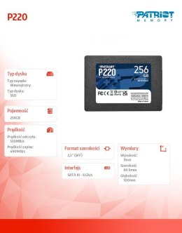 Patriot Dysk SSD 256GB P220 550/490 MB/s SATA III 2,5