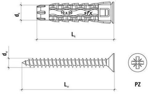 Kołek uniwersalny 10x60/70, wkręt z łbem stożkowym, karton (SFXP-10060070 x 50szt.)