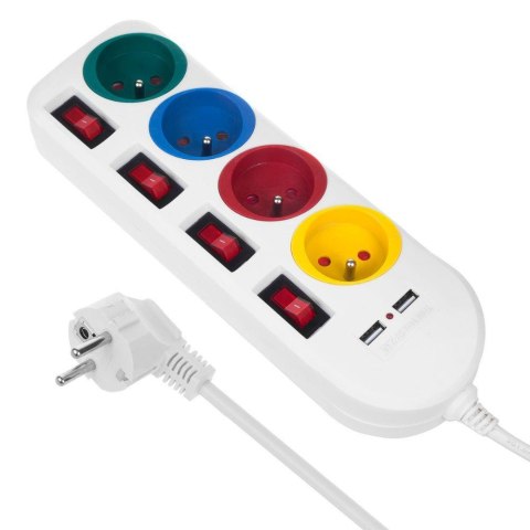 Listwa zasilająca Maclean MCE229 W, przedłużacz 4 gniazda + 2xUSB, z włącznikami, 250VAC/10A, 2.1A 5V, 1.5m, biała