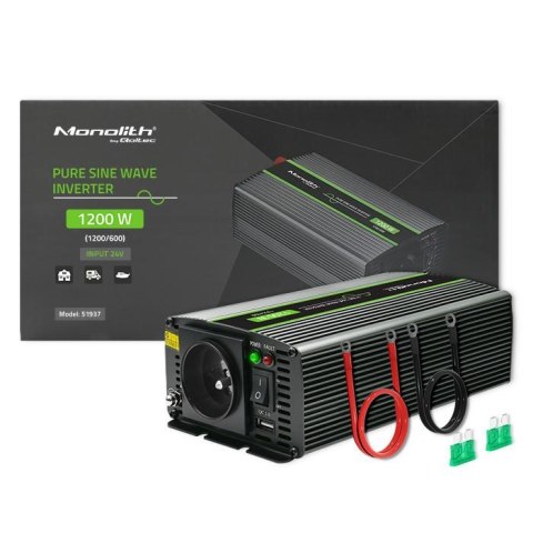 Przetwornica napięcia Qoltec Monolith | 600W | 1200W | 24V na 230V | Czysty Sinus