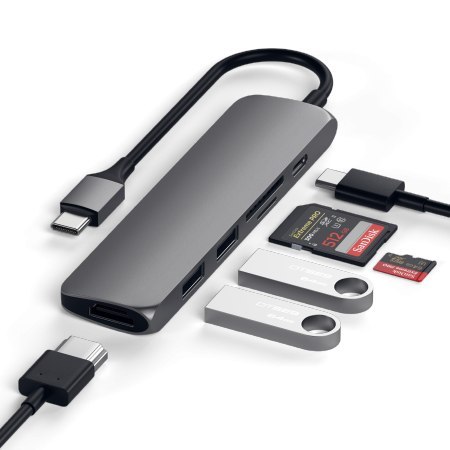 Satechi Aluminium Adapter Slim v2 - aluminiowy adapter podróżny do urządzeń mobilnych USB-C (USB-C, 2x USB-A, 4K HDMI, czytnik k