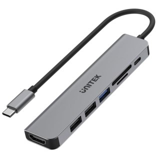 Hub USB-C Unitek H1118A 7w1, HDMI 4K, 3x USB-A, USB-C PD 100W, alu