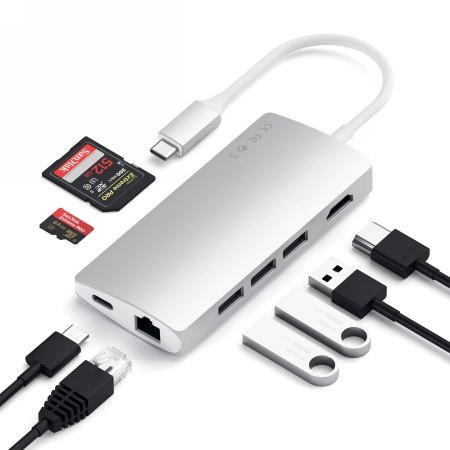 Satechi Aluminium Multiport Adapter V2 - aluminiowy adapter do urządzęń moblinych USB-C ( USB-C, 3x USB-A, 4K HDMI, czytnik kart