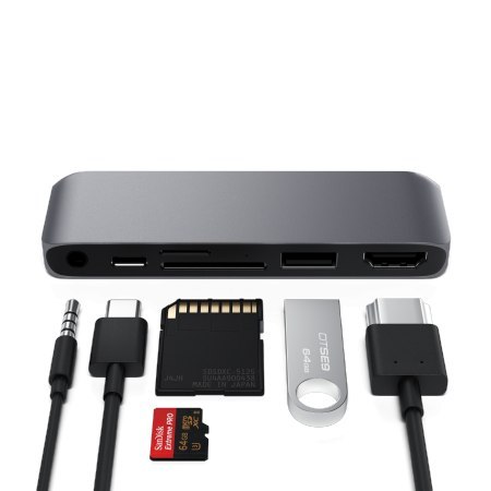 Satechi Hub - Hub do urządzeń mobilnych USB-C (USB-C 60W, 4K HDMI, USB-A, czytnik kart micro/SD, jack port) (space gray)