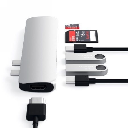 Satechi Pro Hub Adapter - aluminiowy Hub z podwójnym USB-C do MacBook (2x USB-C, 2x USB-A, 4K HDMI, czytnik kart micro/SD) (silv