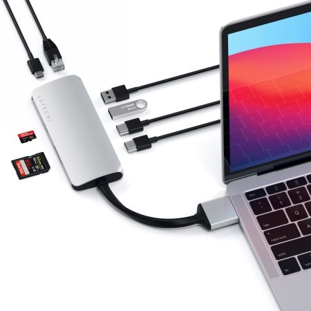 Satechi Type-C Dual Multimedia Adapter - aluminiowy adapter do MacBook z podwójnym USB-C (USB-C PD 60W, 2x USB-A, 2x HDMI 4K, cz