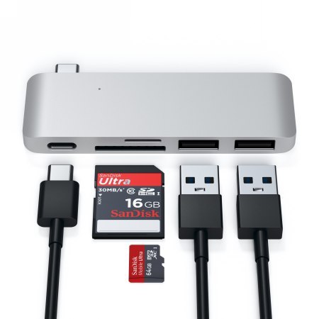 Satechi Type-C USB Passthrough Hub - aluminiowy Hub do urządzeń mobilnych USB-C (USB-C 60W, 2x USB-A, czytnik kart micro/SD) (si