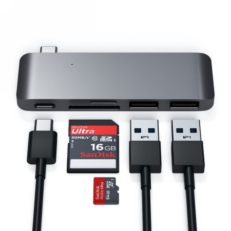 Satechi Type-C USB Passthrough Hub - aluminiowy Hub do urządzeń mobilnych USB-C (USB-C 60W, 2x USB-A, czytnik kart micro/SD) (sp