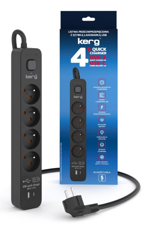 Urządz. zas.-zabezpiecz. KERG z wyłącznikiem-4 gniazda-USBC+USBA-czarny-5m-16A-H05VV-F-3x1,5mm2
