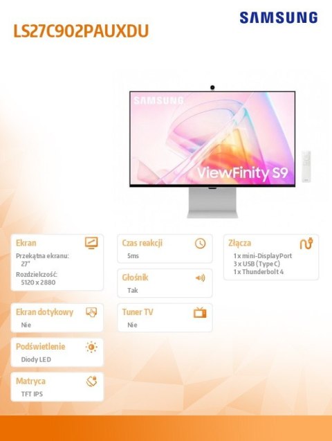 Samsung Monitor 27 cali Viewfinity S90PC IPS 5120x2880 5K/UHD+ 16:9 1xminiDP 1xTB4.0 (90W/15W) 3xUSB3.0 WiFi/BT 5ms 60 Hz HAS+PIV gł. pł