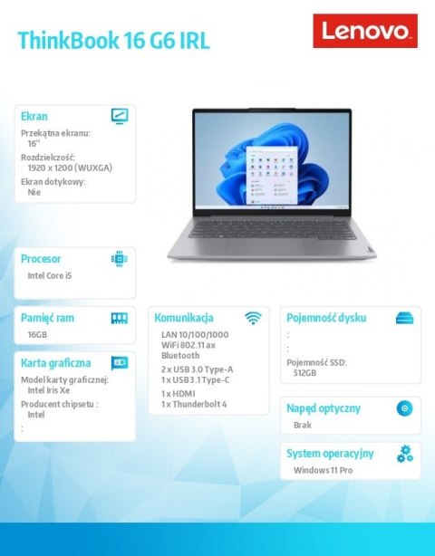 Lenovo Laptop ThinkBook 16 G6 21KH0076PB W11Pro i5-1335U/16GB/512GB/INT/16.0 WUXGA/Arctic Grey/3YRS OS + CO2 Offset
