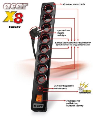 Listwa przeciwprzepięciowa Acar X8 Schuko 5,0m szara