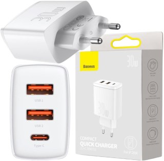 ŁADOWARKA SIECIOWA Baseus Compact Quick Charger CCXJ-E02 30W 2x USB-A 1x USB-C PD 3.0 QC 3.0 BIAŁA