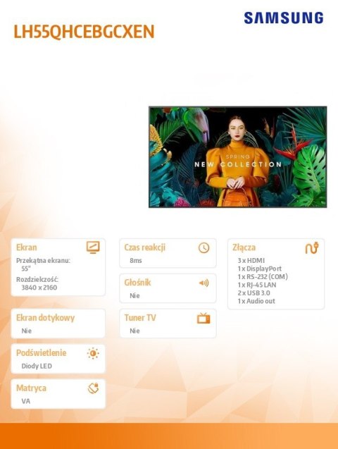 Samsung Monitor profesjonalny QH55C 55 cali Matowy 24h/7 700(cd/m2) 3840 x 2160 (UHD) S10 Player (Tizen 7) WiFi/BT 3 lata On-Site (LH55Q
