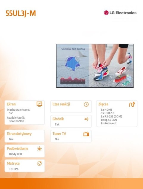 LG Electronics Monitor wielkoformatowy 55 cali 55UL3J-M 400cd/m2 UHD IPS 16/7