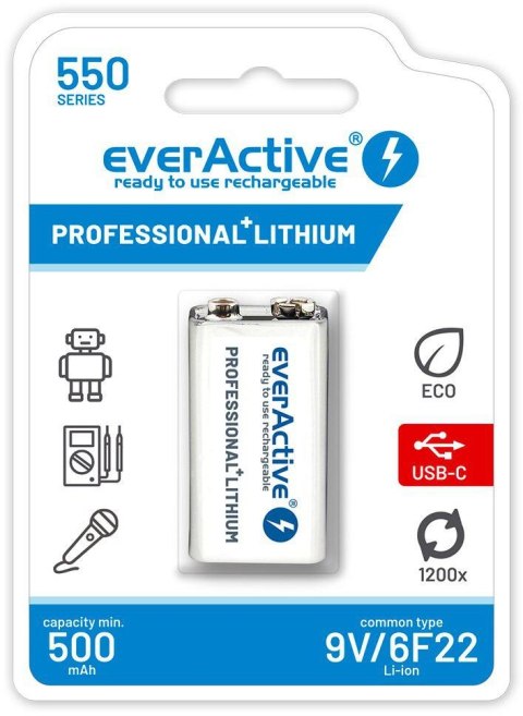 Akumulatorek 6F22 Li-Ion everActive 9V 550mAh z gniazdem USB-C