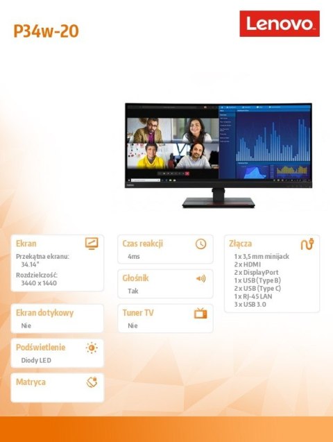 Lenovo Monitor 34.14 cala ThinkVision P34w-20 WLED LCD 62DCRAT3EU