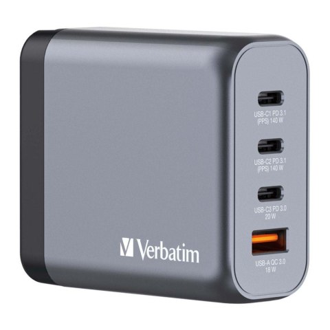 Ładowarka sieciowa Verbatim GaN GNC-140 3xUSB-C PD (2x140W+20W) 1xUSB-A QC 3.0