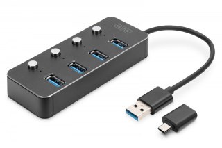 Digitus Hub USB 3.0/Koncentrator 4-portowy USB A + adapter USB-C 5Gbps z wyłącznikami, aluminiowy, pasywny