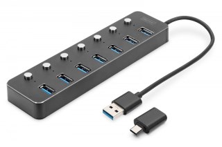 Digitus Hub USB 3.0/Koncentrator 7-portowy USB A + adapter USB-C 5Gbps z wyłącznikami, aluminiowy, aktywny