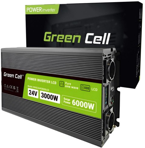 PRZETWORNICA NAPIĘCIA Green Cell PowerInverter LCD 24V / 230V 3000/6000W CZYSTA SINUSOIDA