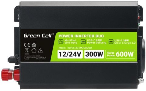 PRZETWORNICA NAPIĘCIA INVERTER Green Cell DUO 12/24V - 230V 300W/600W MODYFIKOWANA SINUSOIDA