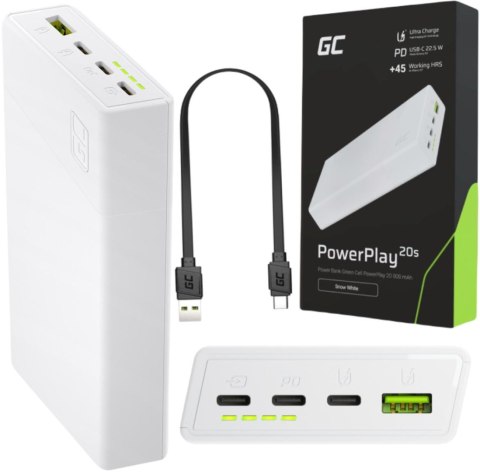 POWERBANK Green Cell PowerPlay20S 20000mAh PD 22,5W QC 3.0 3x USB-C BIAŁY