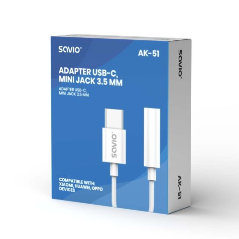 Savio Adapter USB-C - Mini Jack 3,5mm, Xiaomi, Huawei, Oppo, AK-51