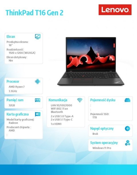 Lenovo Notebook ThinkPad T16 G2 21K7003PPB W11Pro 7840U/32GB/1TB/AMD/16.0 WUXGA/Thunder Black/3YRS Premier Support + CO2 Offset