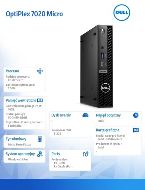 Dell Komputer Optiplex MFF/Core i7-14700T/16GB/512GB SSD/Integrated/WLAN + BT/Kb/Mouse/W11Pro