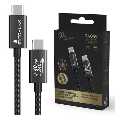 Extralink Smart Life USB Type-C to Type-C Cable Braided Czarny | Kabel USB-C | 240W, 40Gbps, 200cm