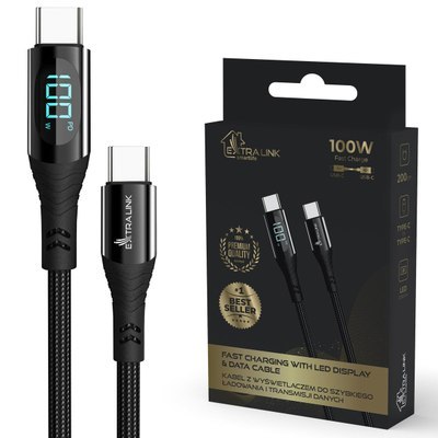 Extralink Smart Life USB Type-C to Type-C Cable Braided Czarny z wyświetlaczem LED | Kabel USB-C | 100W, 200cm