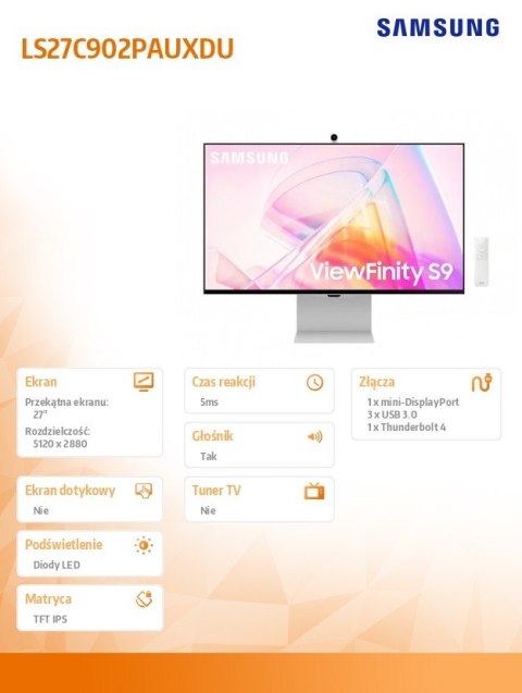 Samsung Monitor 27 cali Viewfinity S90PC IPS 5120x2880 5K/UHD+ 16:9 1xminiDP 1xTB4.0 (90W/15W) 3xUSB3.0 WiFi/BT 5ms 60 Hz HAS+PIV gł. pł