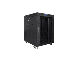 Szafa instalacyjna Rack stojąca 19" 15U 600x800 czarna drzwi szklane LCD Lanberg (flat pack)