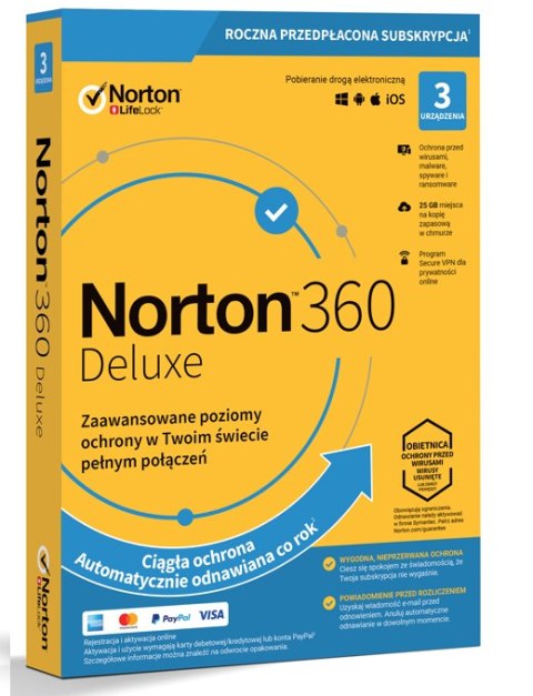 NORTONLIFELOCK 360 deluxe 25GB PL 1 user 3 device 12mo generic ret1 mm