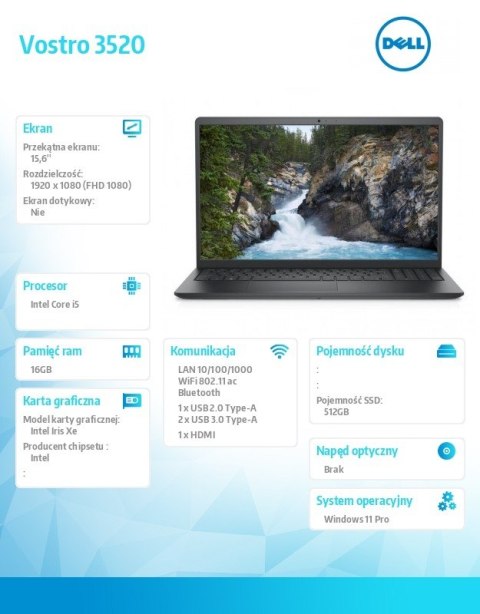 Dell Notebook Vostro 15 (3520) Win11Pro i5-1235U/16GB/512GB SSD/15.6 FHD/Intel Iris Xe/FgrPr/Cam&Mic/WLAN+BT/Backlit Kb/3 Cell/3YPS