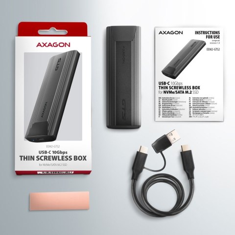 AXAGON EEM2-GTS2 Obudowa zewnętrzna aluminiowa bezśrubowa USB-C 3.2 Gen 2 M.2 NVMe & SATA SSD + USB-A - USB-C redukcja