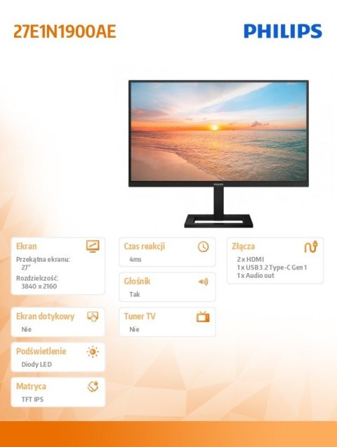 Philips Monitor 27E1N1900AE 27 cali IPS 4K HDMIx2 USB-C HAS Głośniki