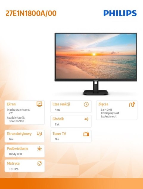 Philips Monitor 27E1N1800A 27 cali IPS 4K HDMIx2 DP Głośniki