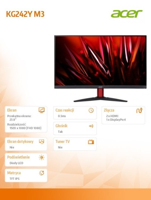 Acer Monitor 23.8 cali Nitro KG242YM3 bmiipx FHD/IPS/180Hz