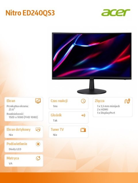 Acer Monitor 24 cale Nitro ED240QS3bmiipx Curved/180Hz/1ms