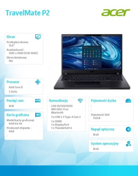 Acer Notebook TravelMate P215-54-54RL ESHELL/i5-1235U/8GB/512SSD/INT Iris Xe/15.6 cala