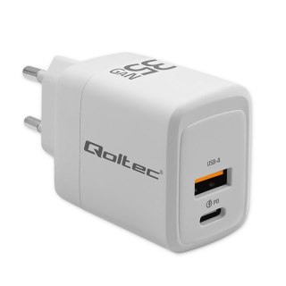 Qoltec Ładowarka sieciowa 35W GaN | 5-20V | 1.5-3A | 1xUSB-C PD | 1xUSB QC 3.0 | Biała