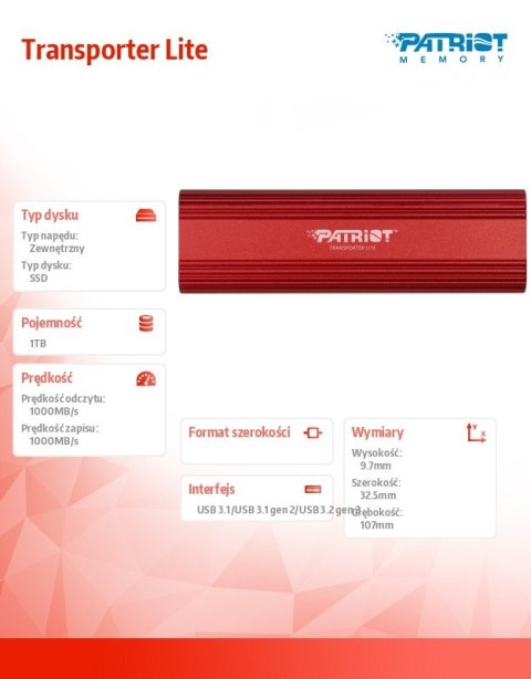 Patriot Dysk SSD 1TB Transporter Lite 1000/1000 MB/s Type-C