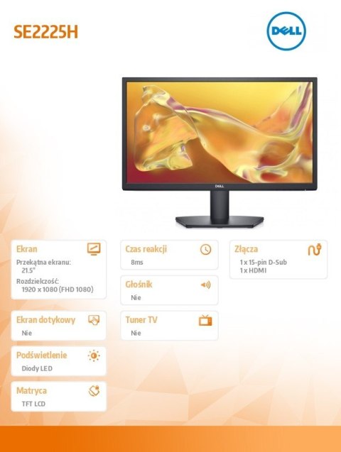 Dell Monitor SE2225H 21.5 cala LED VA/1920x1080/HDMI/VGA/3Y